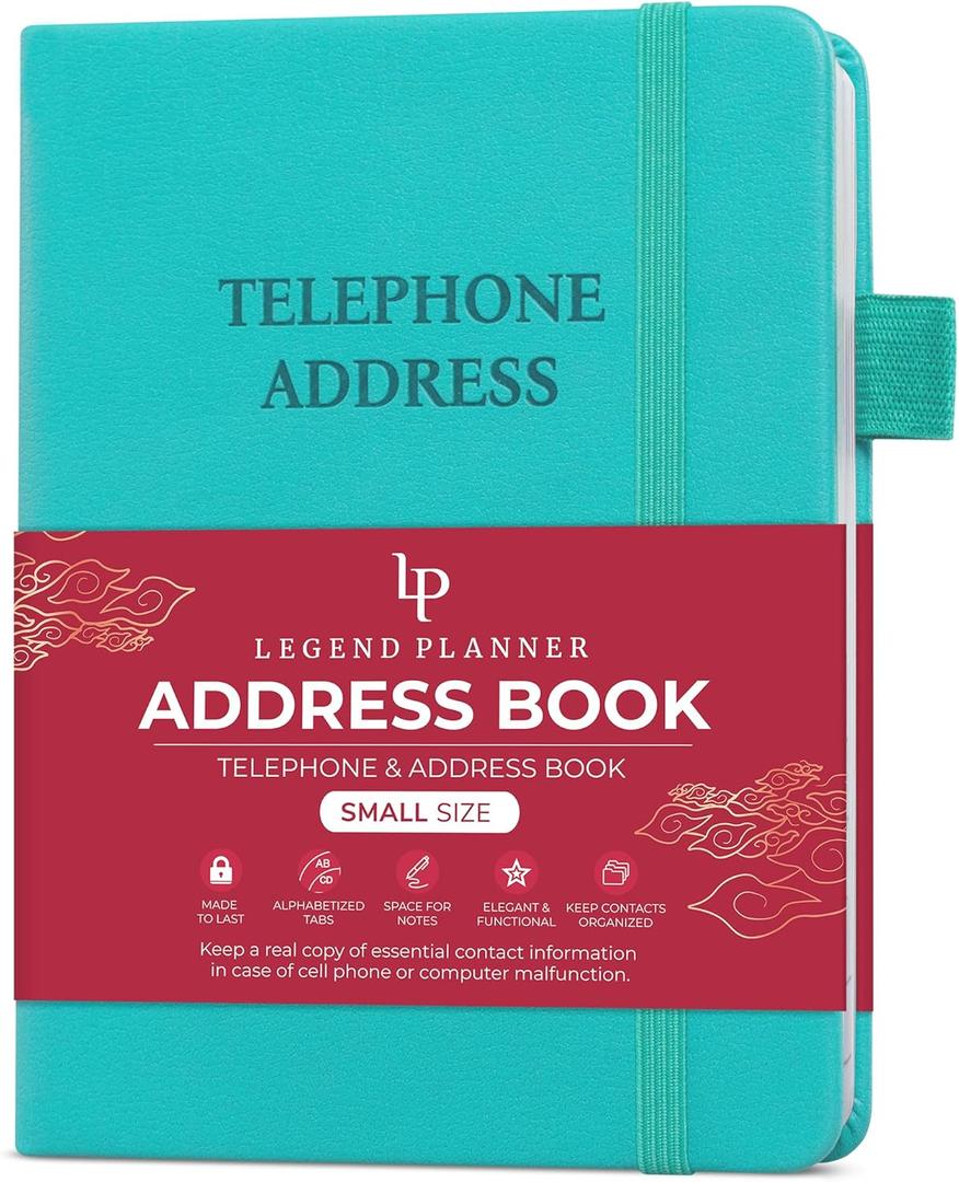 4 x  Legend Planner Address Book with Alphabetical Tabs – Mini Telephone Address Book for Phone Numbers, Addresses, Email Contacts, Passwords & Important Dates – Small Size, 4.3x5.7″, Hardcover, Turquoise