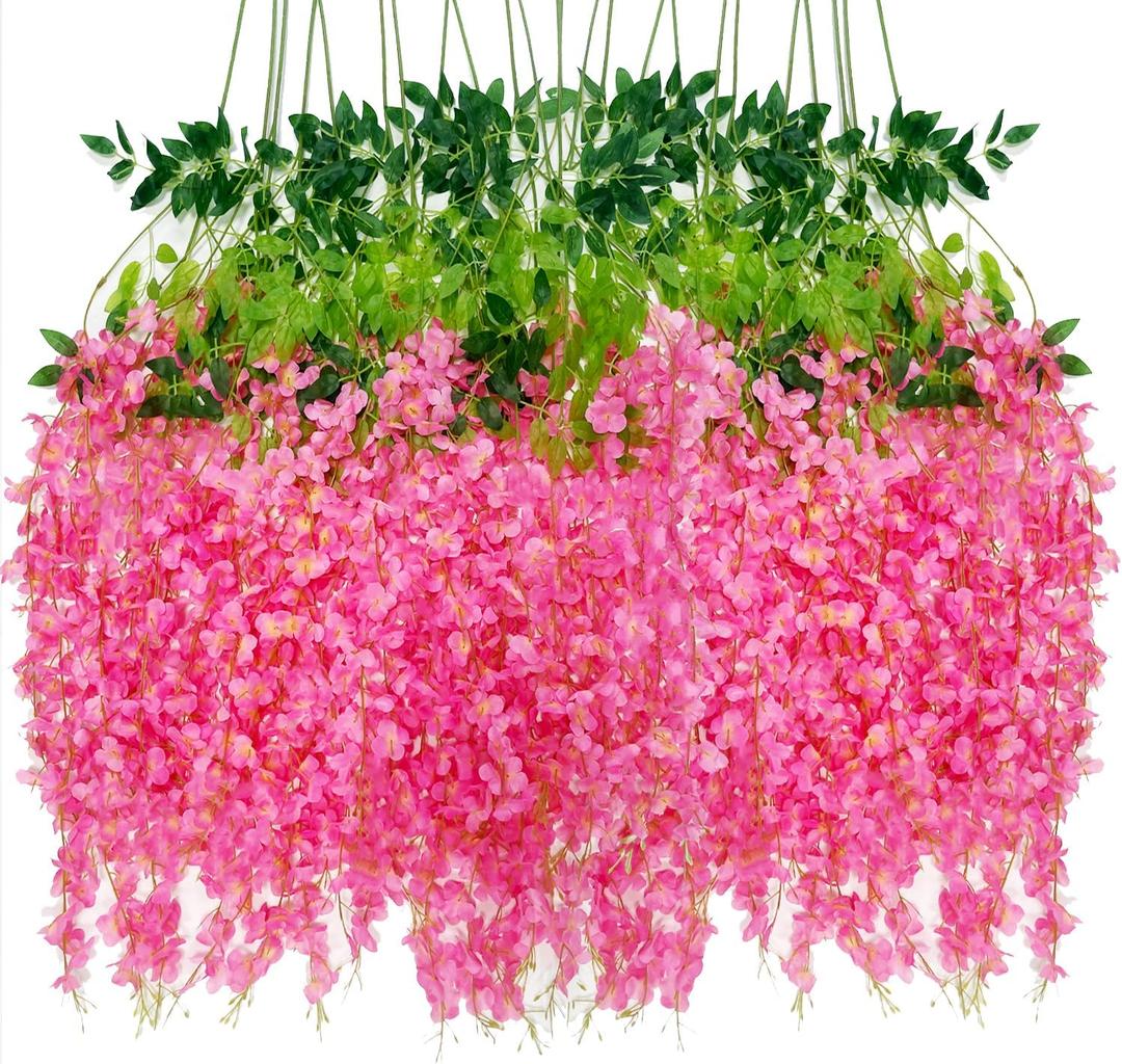 Artificial Wisteria Hanging Flowers Fake Wisteria Flower Garland Silk Vines Rattan Decor for Home Wedding Arch Wall Garden Greenery Bedroom Outdoor Office Party Decoration (12, Dark Pink)
