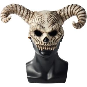 Kuberas Demon Skull Mask Devil Antelope Sheep Horn Full Head Mask Animal Skull Mask Ram Horns Scary Halloween Mask for Adult (One Size)