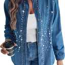 CHICME Women’s Pearl Rhinestone Embellished 2025 Denim Shirt Long Sleeve Button Down Turn Down Collar Casual Jean Blouse Top for Daily and Party-Blue-S