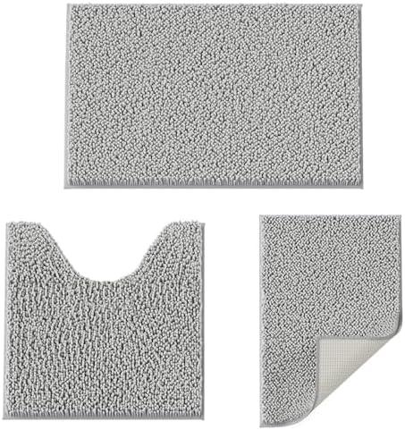 Bathroom Rugs Set 3 Pieces Extra Soft and Absorbent Shaggy Bath Rugs, Chenille Bathroom Mats, Non-Slip Plush Carpet Runner, Bathrooms Set with Toilet Rugs, Perfect Bath Mats for Bath Tub, Shower