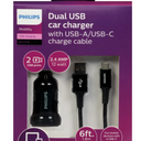 Phillips Dual USB Car Charger With USB A/USB C Charge Cable