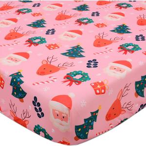 Christmas Crib Sheet, Fitted Crib Sheet with Christmas Tree, Elk, Santa Claus, Measuring 52'' x 28'' to fit Standard Crib & Toddler Mattresses, Pink