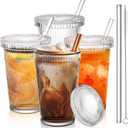 4 Pack Glass Cups with Lids and Straws, 12 oz Ribbed Iced Coffee Tumbler, Clear Stripe Drinking Glassware with Cleaning Brush for Water Cocktails Tea Soda Juice Smoothie Whiskey Beer