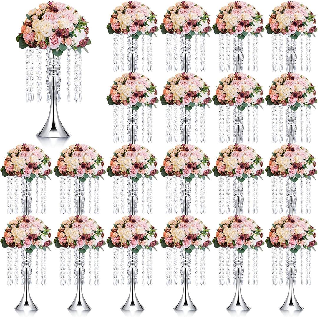 Unittype 20 Pcs Wedding Centerpieces for Tables 13 Inch Tall Crystal Flower Stand Floral Vases for Tabletop Flower Arrangement Stand Anniversary Baptism Party Reception Mother's Day Decor (Silver)