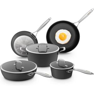 Pots and Pans Set Nonstick 8Pcs Cookware Sets, PFAS/PFOS/PFOA/BPA Free Induction Cookware Non-Stick Cooking Set with Frying Pans & Saucepans, Black
