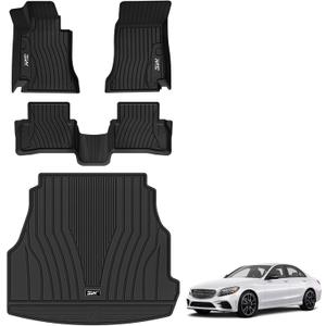 3W Floor Mats & Cargo Liner for Mercedes Benz C-Class 2022-2025 2026 C300/C43 AMG/C63 AMG S E (Fit Sedan Only), TPE All Weather 1st & 2nd Row Set Floor Liner for Benz C-Class Car Mats
