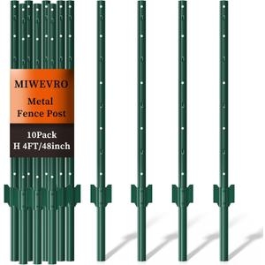 10 Pack Garden Fence Post, 4 Feet Heavy Duty Metal U-Post for Wire Fence, No Dig Garden Fence Stakes for Temporary Fencing, Electric Fence Wire, Corner Anchor, and More-Green