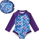 Goodplayer Baby Girl Swimsuit One-Piece Long Sleeve Rash Guard with Hat Set Zipper Bathing Suit (3-6 Months, Scale)