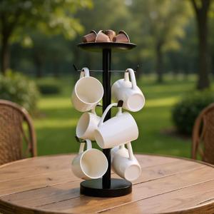 Coffee Mug Tree, Cup Holder for 6 Cups, with Tray for Phone, Tissues or Capsule (Black)