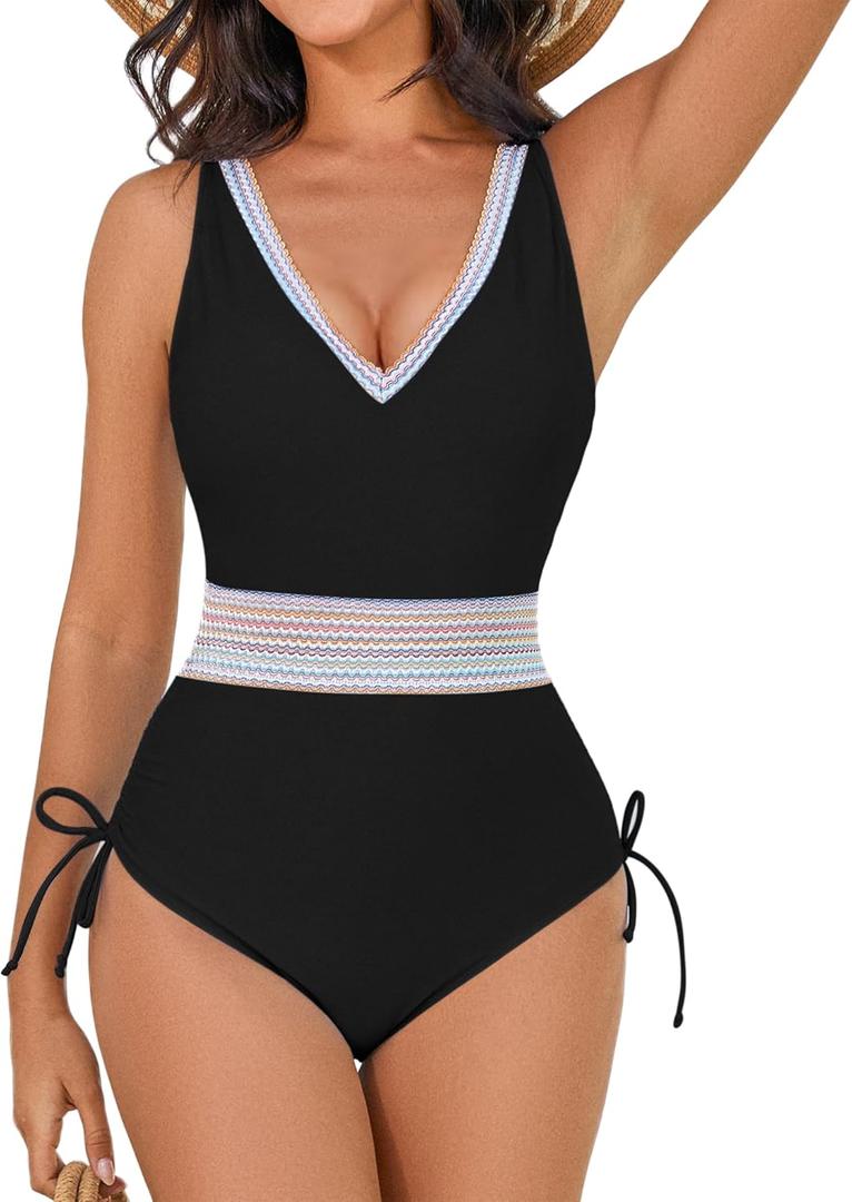 Womens One Piece Swimsuit Color Block Drawstring Swimwear Deep V Neck Tummy Control Bathing Suit (Black, XL)