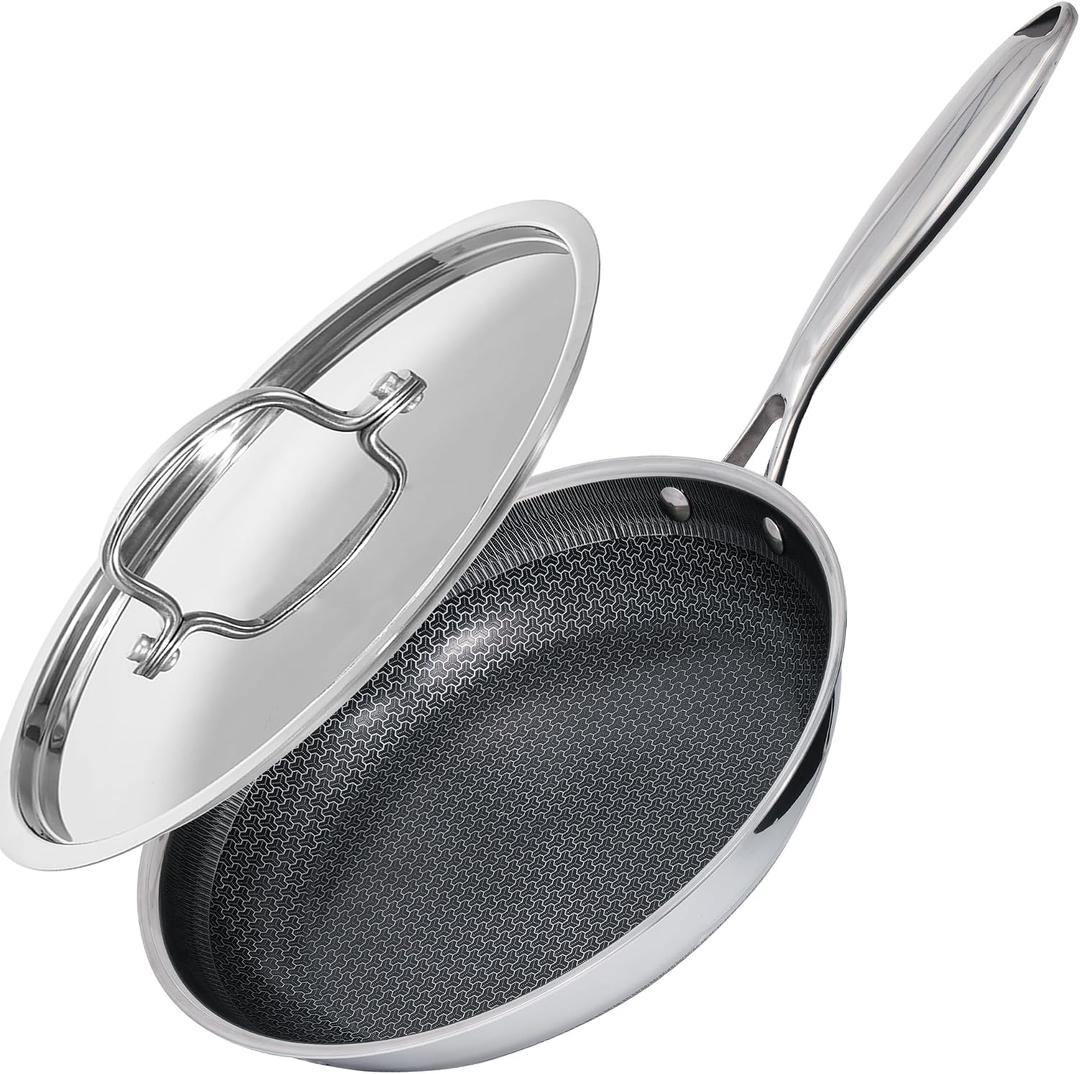 Frying Pan Non Stick 12 Inch with Stainless Steel Lid, Hybrid Non Stick Stainless Steel Skillet Frying Pan, Dishwasher and Oven-Safe Chef Pan, Induction Compatible Cooking Pan, PFOA Free Cookware