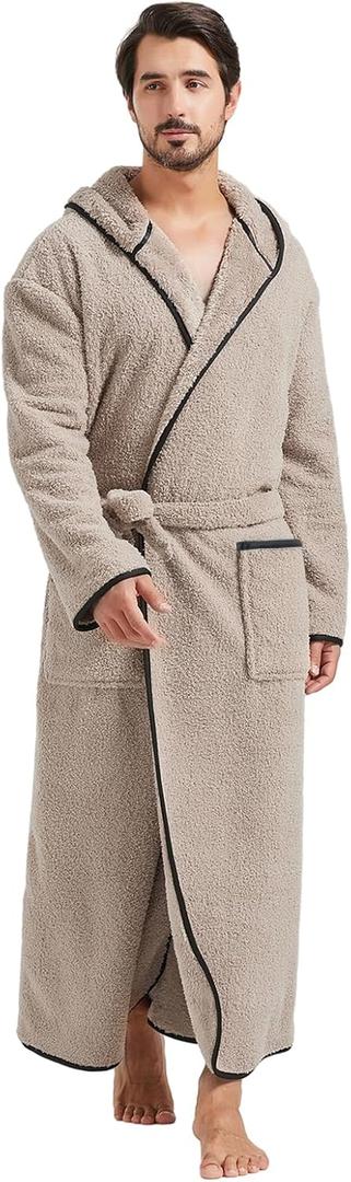 FashGudim 400g Mens Plush Robe with Hood Full Length Winter Long Luxury Hooded Bathrobe for Men Big and Tall (Taupe)