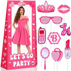 4.5FT Life Size Doll Photo Booth with 9Pcs Photo Props, Pink Princess Birthday Party Decorations for Girls, Doll Theme Photobooth Backdrop & Lets Go Party Supplies for Photoshoot