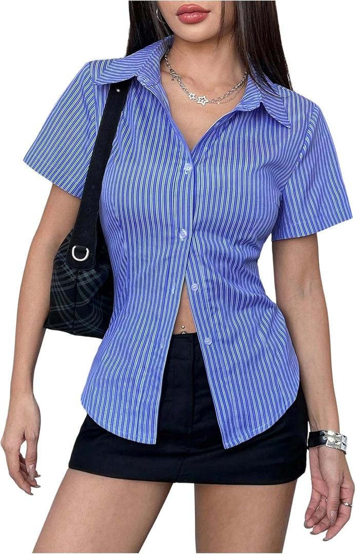 SweatyRocks Women's Striped Short Sleeve Button Down Shirts Business Work Fitted Collared Blouse (Blue, S)