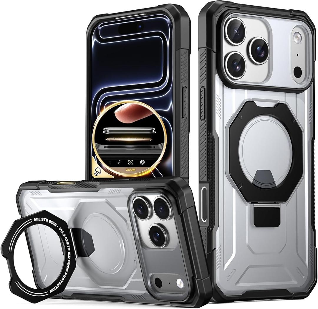 Poetic Spartan Case with Ring Stand for iPhone 17 Pro Max, [Camera Control Button][Magsafe Compatible], Full Body Rugged Shockproof Protective Cover Case, Black/Clear