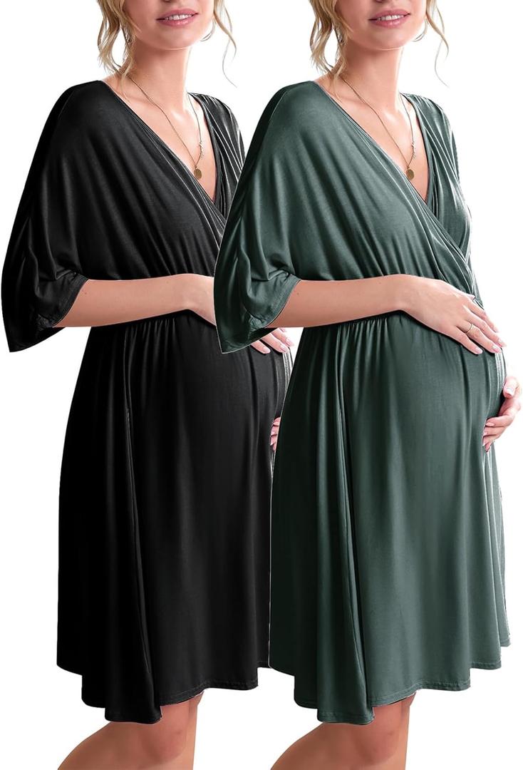 Ekouaer 3 in 1 Labor/Delivery/Hospital Gown 2 Pack Maternity Dress Nursing Nightgown Sleepwear (XX-Large, Black/Dark Green)