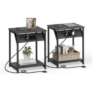 VASAGLE End Table with Charging Station, Set of 2, Small Side Tables for Living Room, Bedroom, Nightstand with Outlets and USB Ports, Bedside Table with Storage Shelf, Misty Gray and Black