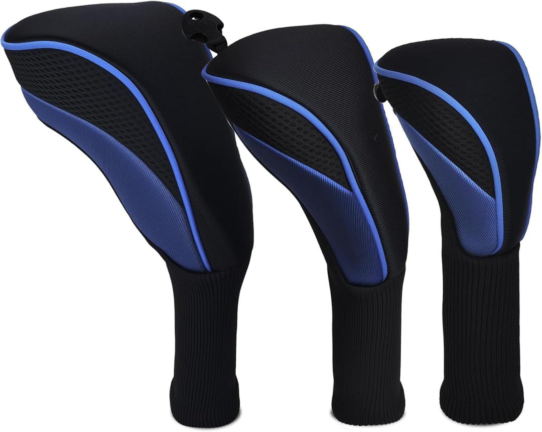 Golf Club Head Covers Set (3 Pieces) for Fairway Woods, Driver, and Hybrids - Long Neck Mesh Design with Interchangeable 3/4/5/6/7/X Number Tags - Golf Accessories for Men and Women (Blue)