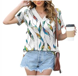 Womens Tops Dressy Casual V Neck Short Sleeve Lace Splice T Shirts Cute Fashion Clothes 2025 (Small, Black-1)
