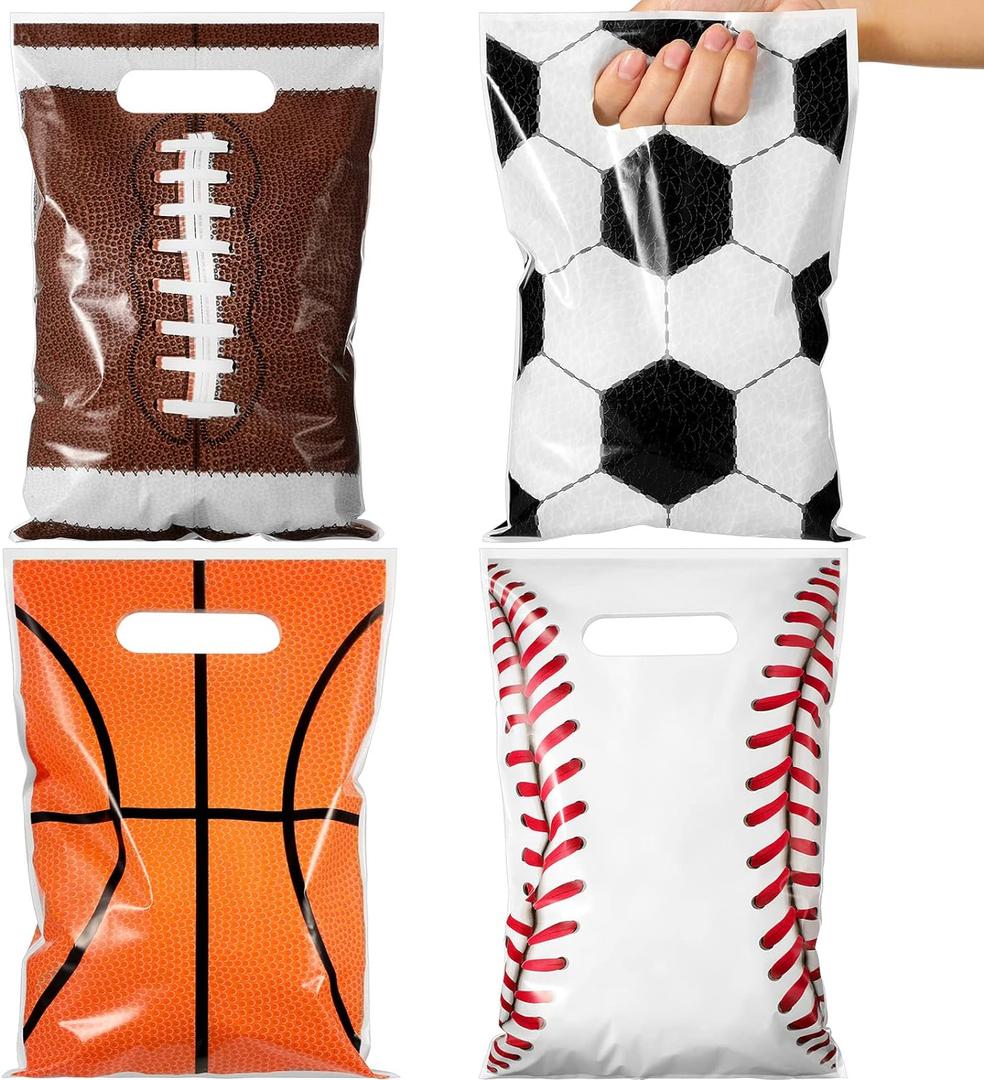100 Pcs Football Sports Party Favor Bags Soccer Candy Gift Plastic Goodie Treat Bags Bulk with Handles for Baseball Basketball Theme Event Gift Bag Birthday Supplies Decorations