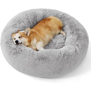 Bedsure Calming Dog Bed for Medium Dogs - Donut Washable Medium Pet Bed, 30 inches Anti-Slip Round Fluffy Plush Faux Fur Cat Bed, Fits up to 45 lbs Pets, Pale Grey