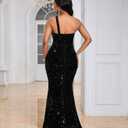 dasmzper Women's One Shoulder Sequin Evening Gown – Formal Maxi Dress for Wedding Guest, Prom, Cocktail (Black, Medium)