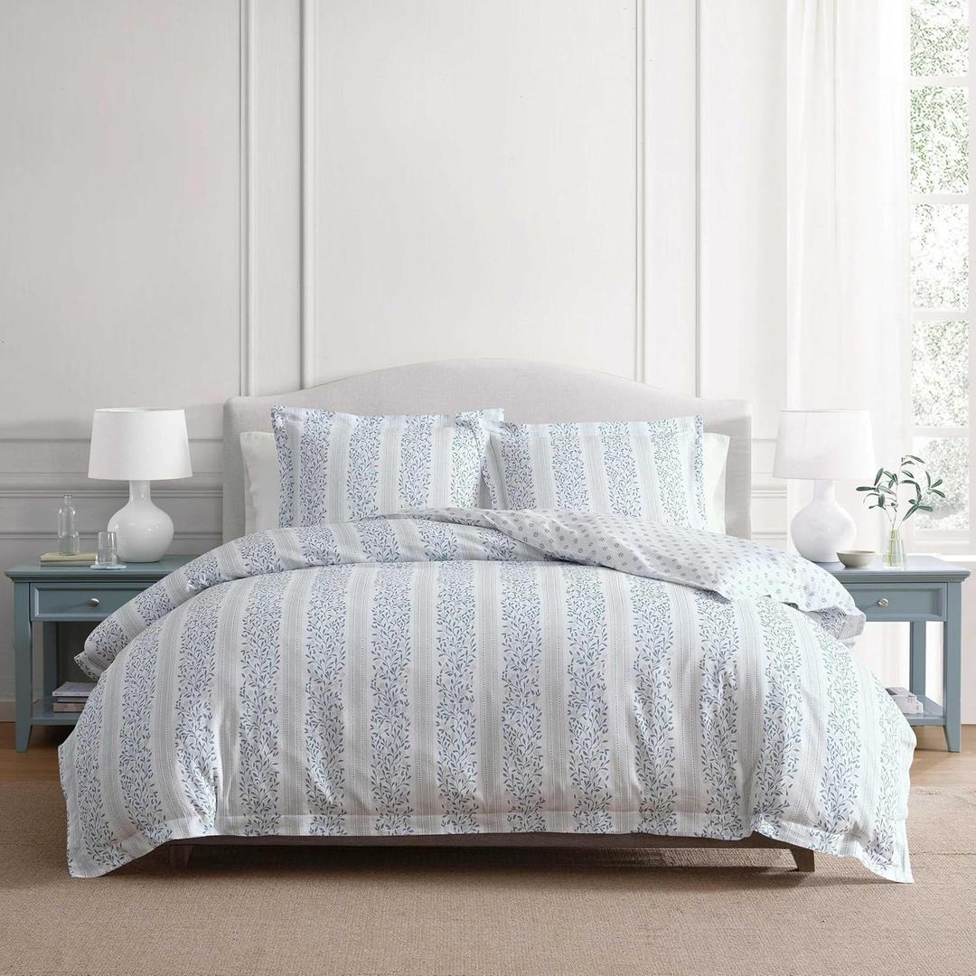 Martha Stewart - Queen Comforter Set, 100% Silky Smooth Cotton Sateen Striped Bedding for Year Round Comfort, 3 Piece Bed Set with Matching Pillowcases (Verbena Stripe Blue)