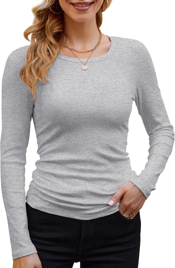 GEMBERA Womens Ribbed Long Sleeve Crewneck Casual Slim Basic Shirts Fitted Knit Tops (Gray), Medium