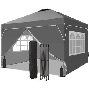 10x10 FT Pop Up Canopy, 1-Button Push Instant Canopy Tent with 4 Removable Sidewalls, Sandbags for Outdoor Activities & Events (Gray)