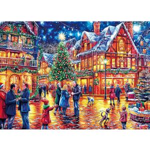 Beautiful Christmas Cityscape 1000 Piece Jigsaw Puzzle, Night Scene Art, Colorful European Town Canal Landscape