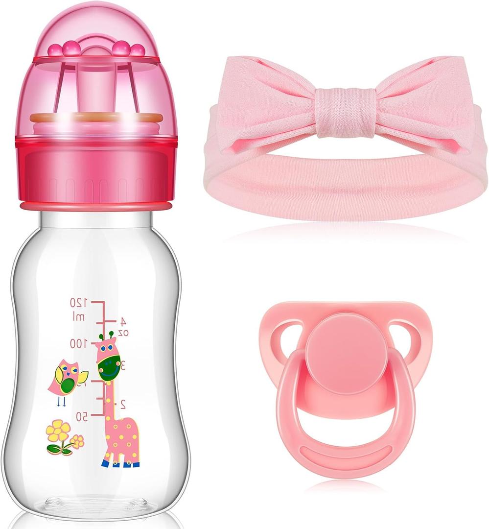 Blushtier 3 Pieces Reborn Baby Doll Accessories, Include Baby Doll Bottles, Magnetic Pacifier and Baby Doll Headband Feeding Bottle for Reborn Dolls (Pink,Giraffe Pattern), Medium