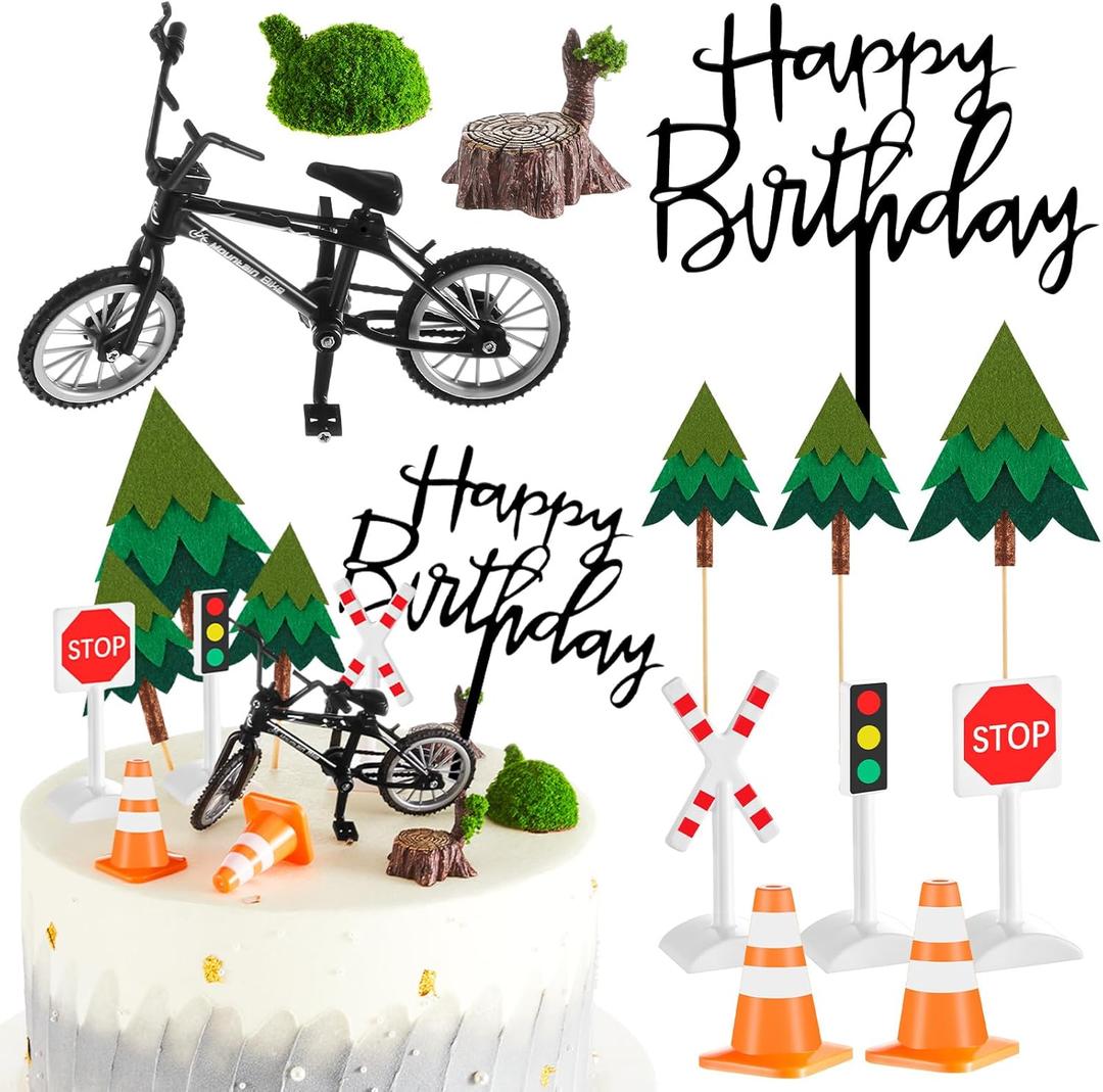 17 Pcs Bicycle Cake Toppers Bike Cake Decorations Set with 1 Bike 6 Felt Tree 7 Mini Traffic Signs Ornaments 2 Tree Stumps Miniature Figurine for Bicycle Party