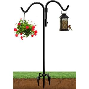 76 Inch Double Shepherds Hook for Outdoor with 5 Prong Base, Adjustable Heavy Duty Bird Feeder Pole for Hanging Flower Basket, Plant Hanger, Solar Light Lanterns, Black