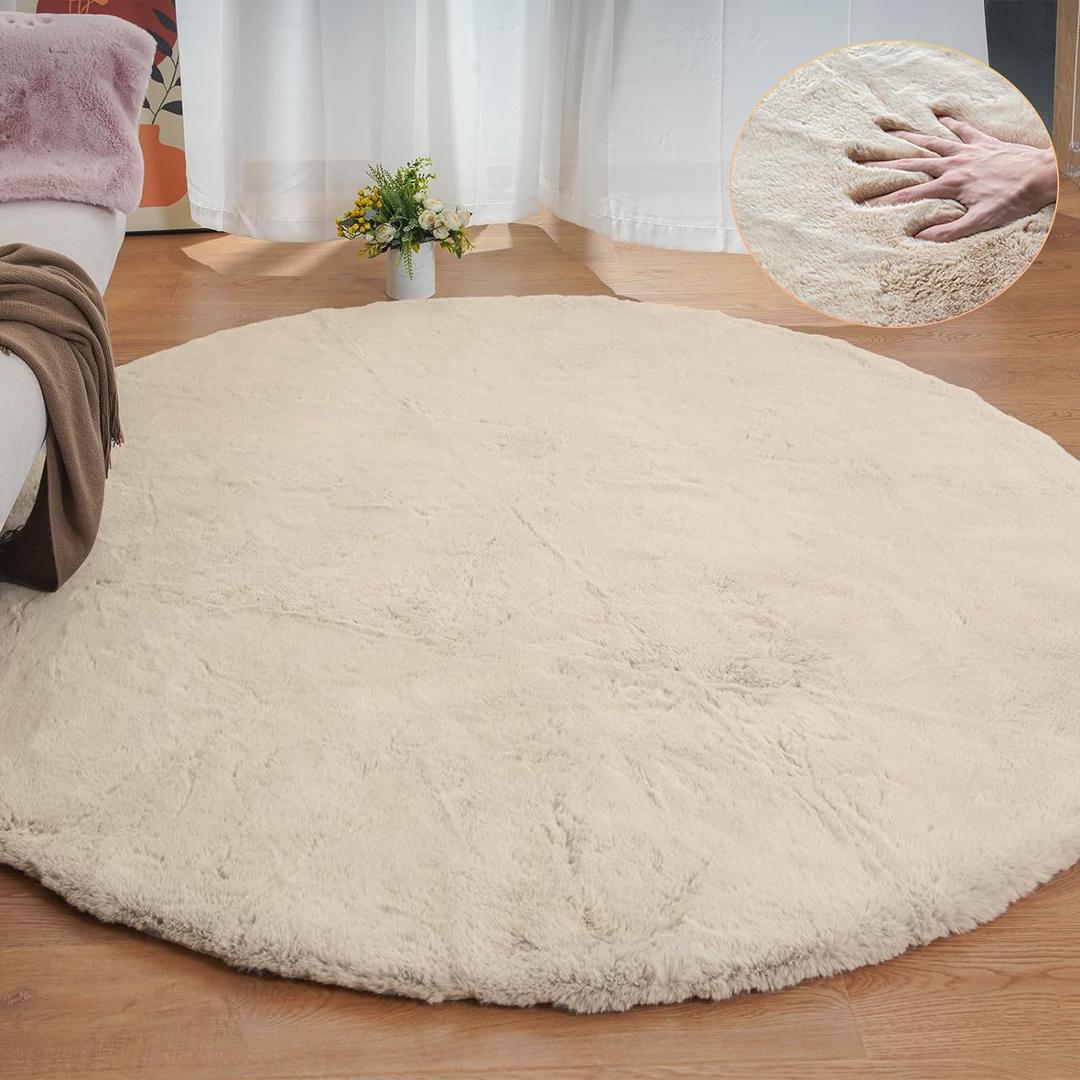 Round Rugs 8ft Shag Washable Fluffy Area Rugs for Bedroom Light Brown Beige Large Circle Faux Rabbit Shaggy Fur Rug for Living Room Nursery Rug