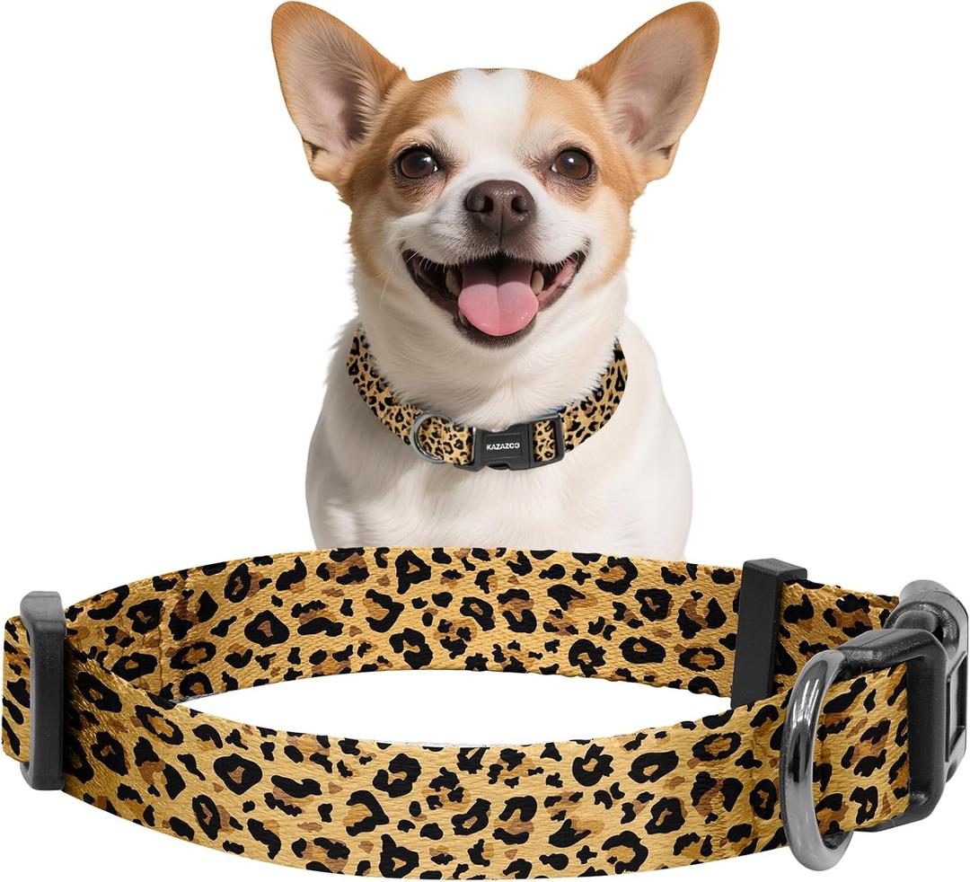 Kazazoo Dog Collar Cute and Soft Nylon Puppy Collar for Boy and Girl, Adjustable Dog Collars for Small Medium Dogs, Brown Leopard- L