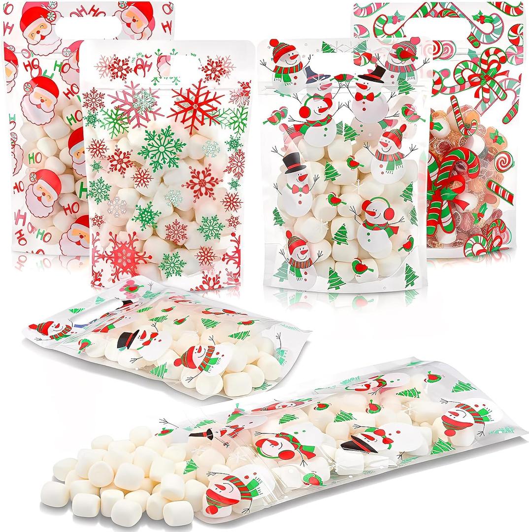Pasimy 60 Pcs Christmas Bags with Zipper Sealing Candy Bags Bulk Resealable Xmas Treat Bag Christmas Sealing Bag with Handle Plastic for Xmas Winter Holiday Party Candy Small Gift Wrapping Supply
