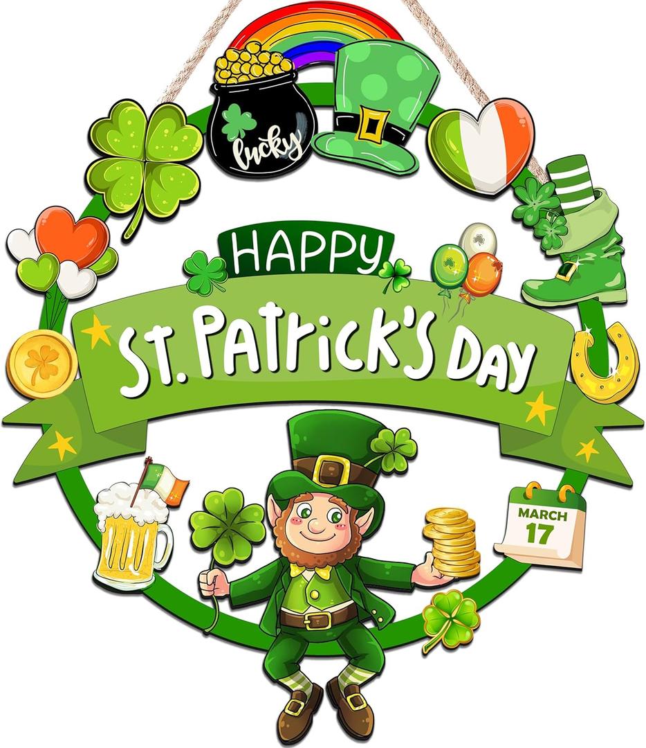 St. Patrick's Day Decorations Wooden St. Patrick's Door Wreath for Front Door Welcome Sign, Cute Happy St. Patrick's Day Decor Hanging Sign Outdoor Indoor Shamrock Clover Spring Wall Home Decor
