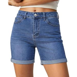 luvamia Jean Shorts for Women High Waisted Trendy Mid Thigh Long Cuffed Hem Stretchy Denim Shorts Casual Summer Jorts (Blue, L)