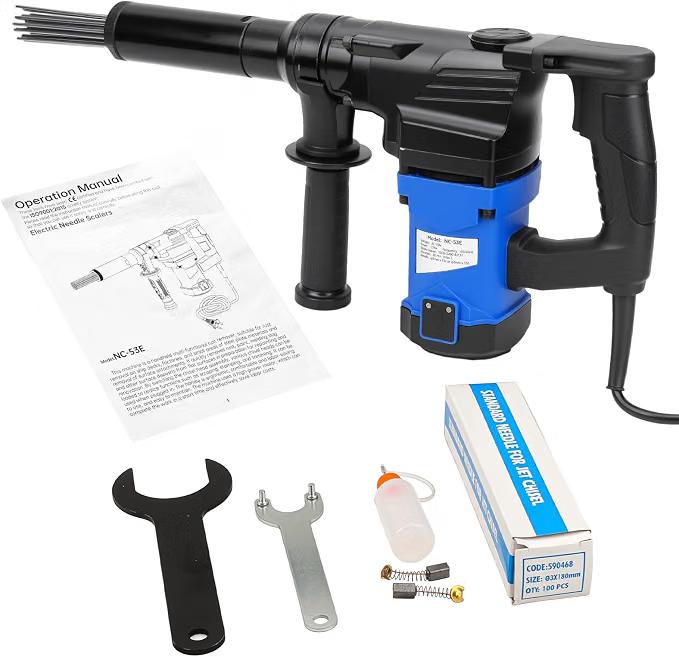 CHENNTAI Industrial Electric Needle Scaler 1100W High-Power Pure Copper Motor 23 Preinstalled 77 Spare Hardened Steel Needles Pistol Grip Safety Lock for Rust Weld Slag Paint Removal 110V with Lubrica
