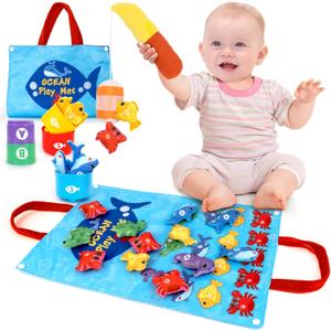Toddler Toy Montessori Toys for 1 Year Old Boy Girl Birthday Gifts, Cloth Fishing Game for Toddlers 1-3 with Stacking Cups-Number Counting, Shape Learning, Sensory Baby 6-12 Mths