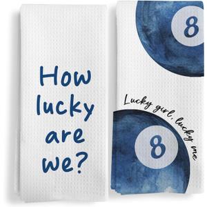 Trendy Funky Retro Blue Kitchen Towels Set of 2, Preppy Girly Hand Towels, How Lucky We are Blue Lucky 8 Ball Decorative Dish Tea Towels for Kitchen, Trendy Preppy Bathroom Decor, 16X24In