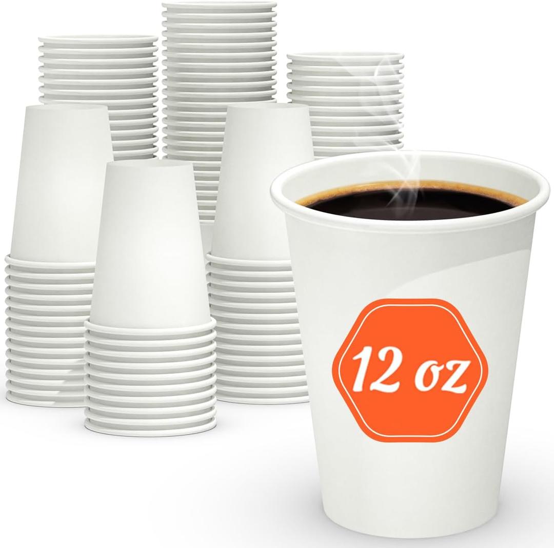 100 Count 12 oz Coffee Cups, Leak-Free Food Safe Paper Cups 12 oz, Disposable 12oz White Paper Cups for Cold and Hot Drinks