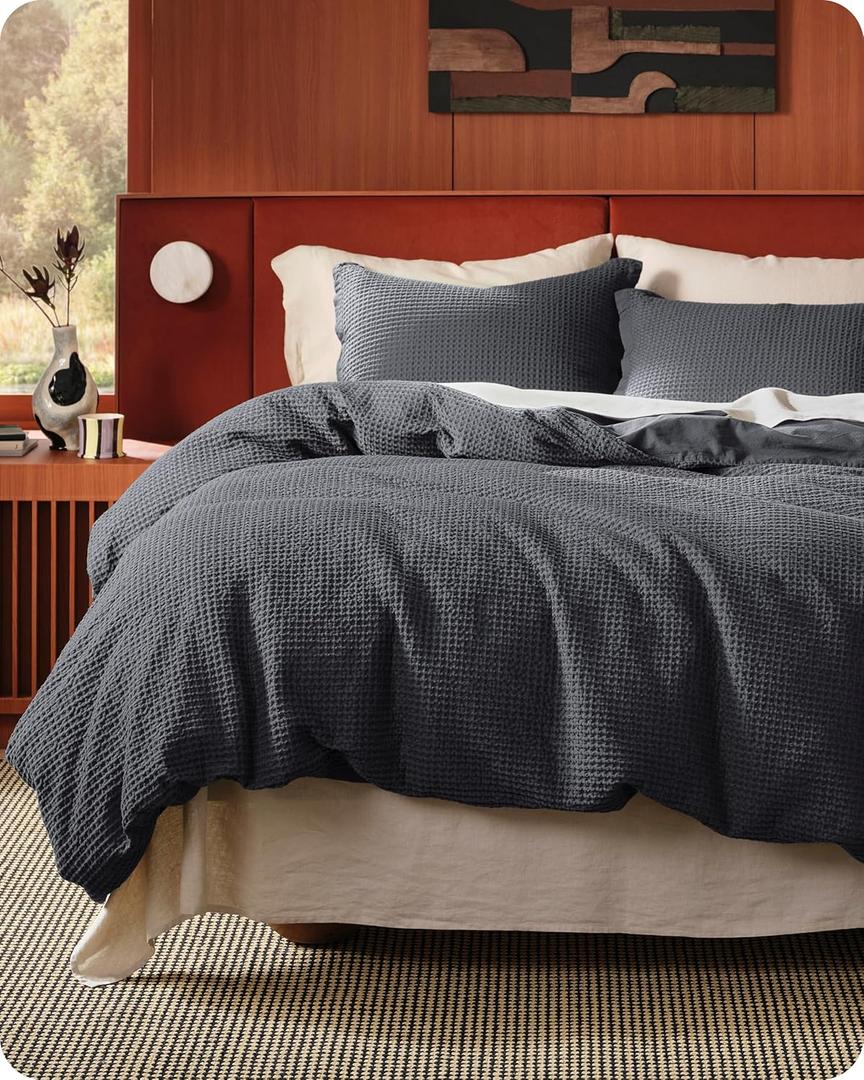 Bedsure Cotton Duvet Cover King - 100% Cotton Waffle Weave Charcoal Duvet Cover King Size, PureWoven Breathable Bedding Set for All Season, 3 Pieces, King (104" X 90"), 19 - Charcoal Black (No Comforter)