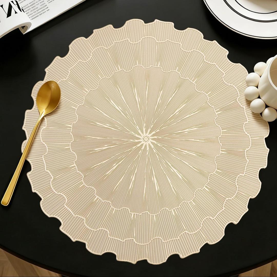 Quantum Love Set of 6 Round Vinyl Placemats Pressed Metallic 15 Inch Gold Sunflower PVC Place Mats Dinning Kitchen Waterproof Washable Table Mats for Fesitval Wedding Party Decoration
