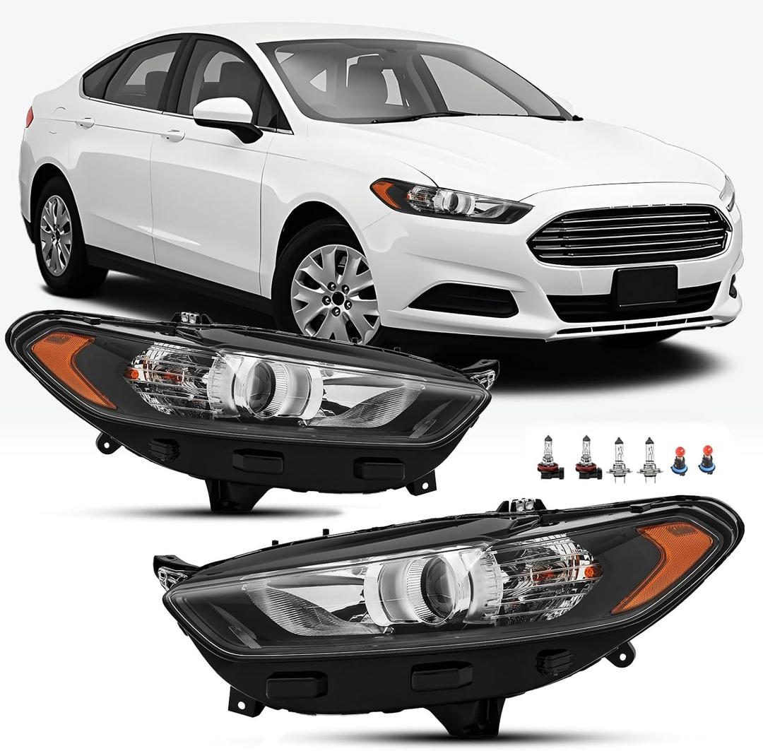 Headlights Assembly Compatible with 2013 2014 2015 2016 Ford Fusion Halogen Headlamp Include Bulb, Black Housing