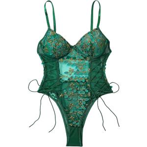 Lilosy Women Sexy Lace Up Floral Embroidered Teddy Lingerie Bodysuit Top Mesh Sheer One Piece (XX-Large, Army Green) Lilosy Women Sexy Lace Up Floral Embroidered Teddy Lingerie Bodysuit Top Mesh Sheer One Piece (XX-Large, Army Green)