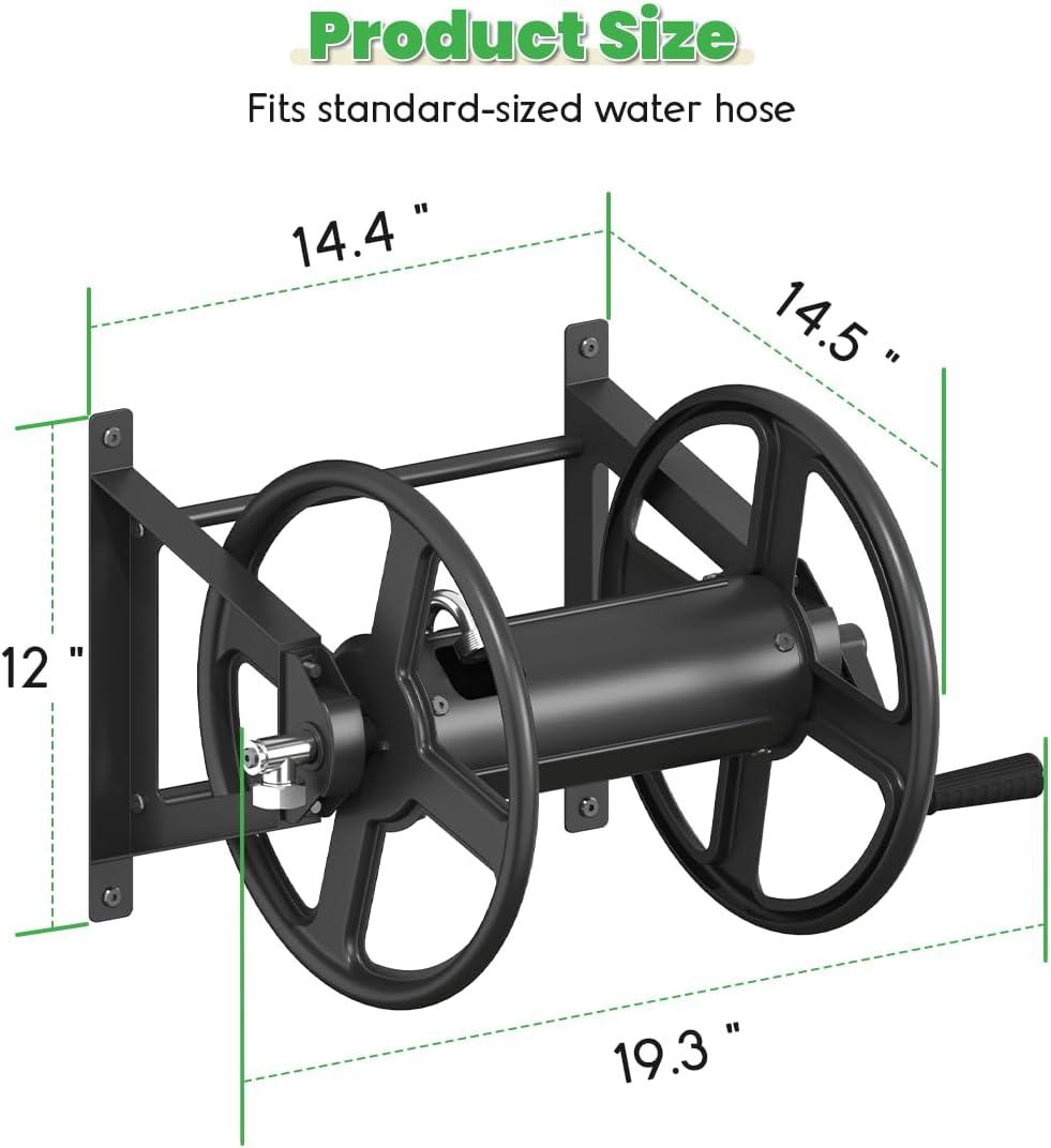Garden Hose Reel Wall Mounted, Heavy-Duty Water Hose Holder Winder with 3.9 ft Leader Hose & Brass Fitting, Hose Hanger Storage Rack Holds 125-Feet of, 5/8-Inch, for Yard Lawn Farm, Black