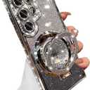for Samsung Galaxy S24 Ultra Glitter Kickstand Case,Luxury Bling Sparkly Diamond Rhinestone with Camera Protector Liquid Ring Stand Women Girls Clear Phone Case for Galaxy S24 Ultra (Silver)