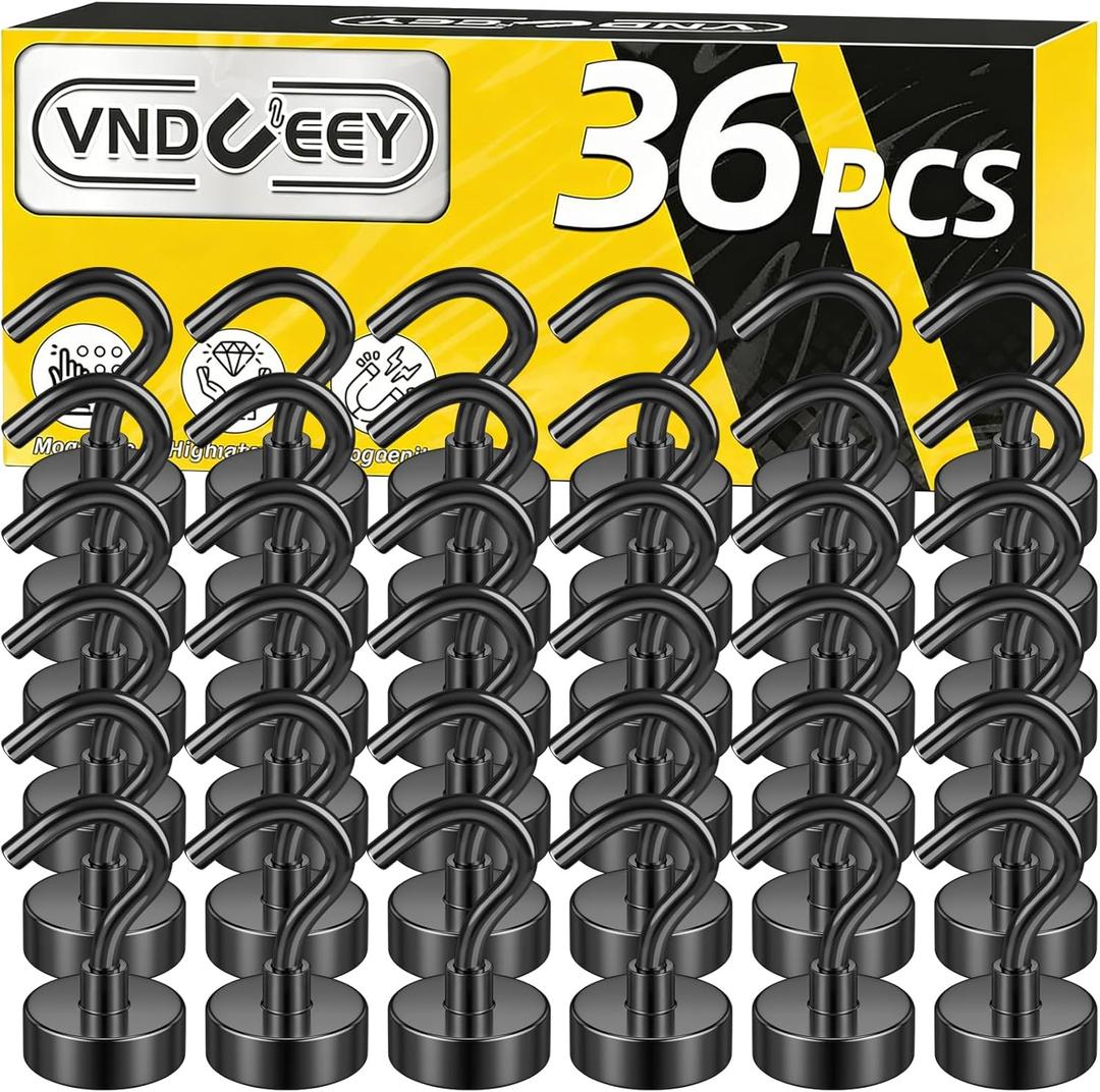 VNDUEEY 36 Pack Black Magnetic Hooks, 25Lbs Heavy Duty Magnetic Hook, Strong Metal Magnet Hooks for Cruise Cabin, Magnets with Hook for Kitchen, Garage, Classroom, and Office